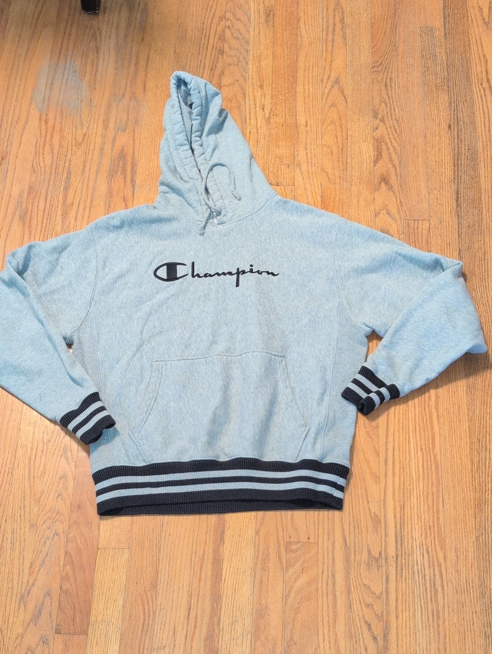 Champion Light Gray Hooded Crewneck with Navy Stripes